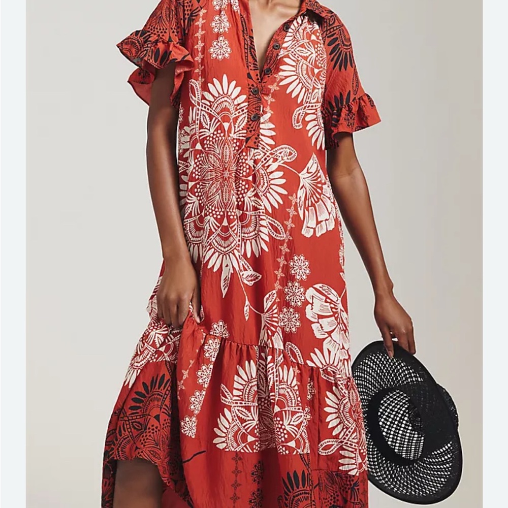 Anthropologie Coral and White Floral Maxi Dress